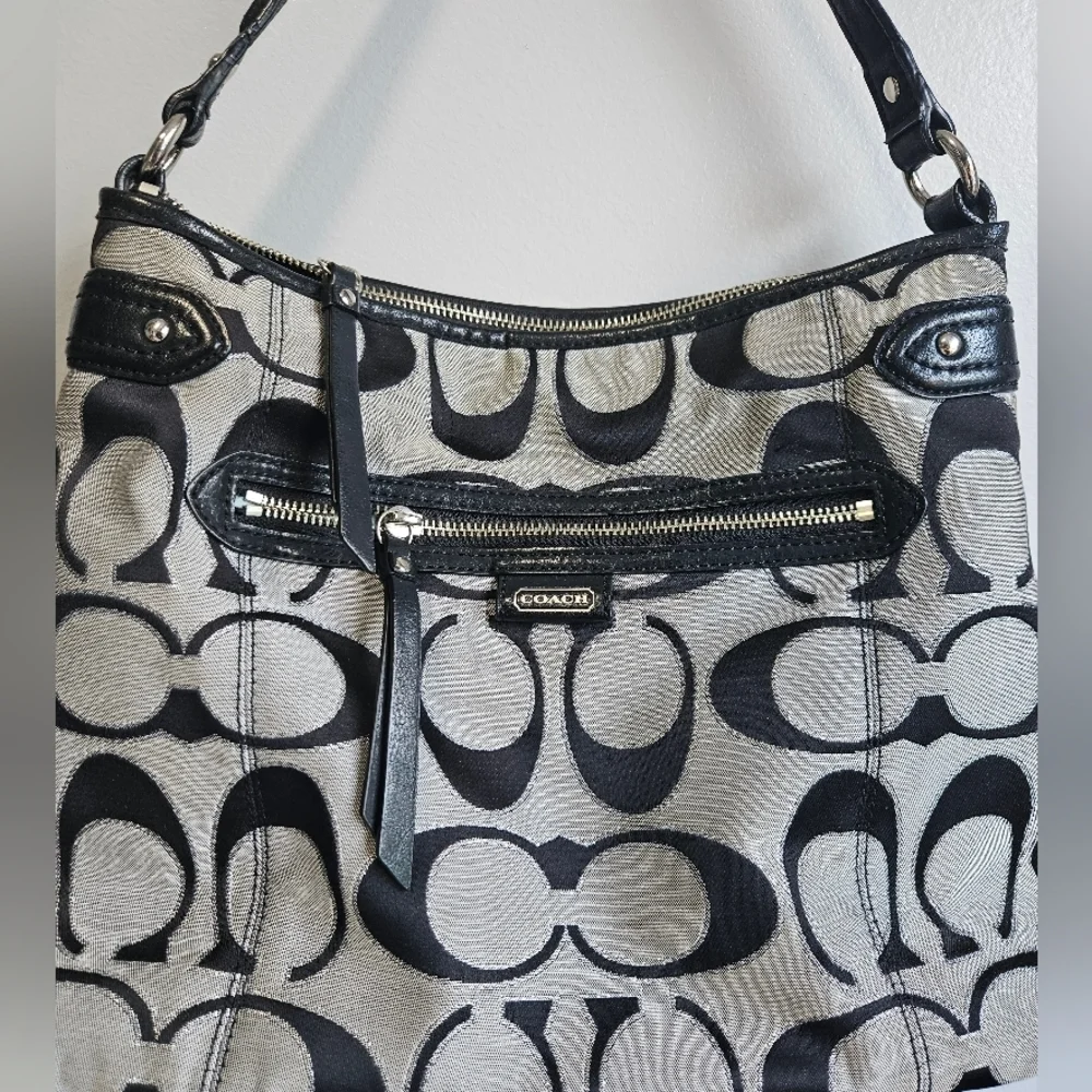 Coach Daisy Hobo Black and Gray Signature Shoulder Bag